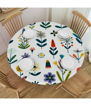 Ulloord  Round Fitted Tablecloth Cute Flower Floral Leaves Herb Table Cloth with Elastic Edged Waterproof Wipeable Round Table Cover for Patio Parties Outdoor Decor