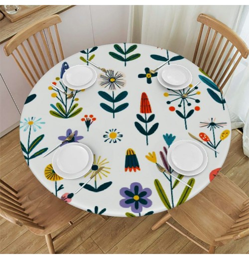 Ulloord  Round Fitted Tablecloth Cute Flower Floral Leaves Herb Table Cloth with Elastic Edged Waterproof Wipeable Round Table Cover for Patio Parties Outdoor Decor