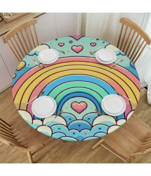 Ulloord  Round Fitted Tablecloth Cute Rainbow Love Heart Clouds Table Cloth with Elastic Edged Waterproof Wipeable Round Table Cover for Patio Parties Outdoor Decor