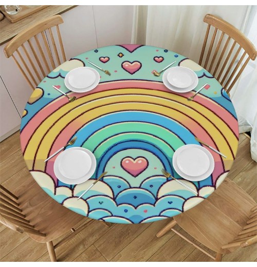 Ulloord  Round Fitted Tablecloth Cute Rainbow Love Heart Clouds Table Cloth with Elastic Edged Waterproof Wipeable Round Table Cover for Patio Parties Outdoor Decor