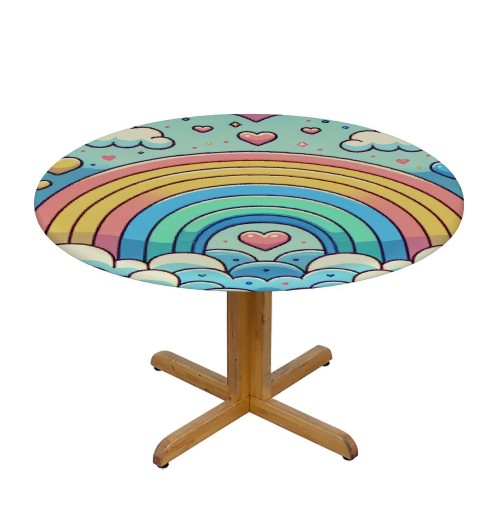 Ulloord  Round Fitted Tablecloth Cute Rainbow Love Heart Clouds Table Cloth with Elastic Edged Waterproof Wipeable Round Table Cover for Patio Parties Outdoor Decor