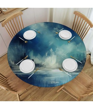 Ulloord  Round Fitted Tablecloth Blue Teal Grey,Abstract Art Print Table Cloth with Elastic Edged Waterproof Wipeable Round Table Cover for Patio Parties Outdoor Decor