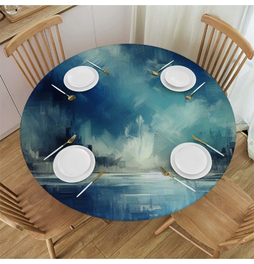 Ulloord  Round Fitted Tablecloth Blue Teal Grey,Abstract Art Print Table Cloth with Elastic Edged Waterproof Wipeable Round Table Cover for Patio Parties Outdoor Decor