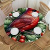 Ulloord  Round Fitted Tablecloth Christmas Holly Leaf Red Birds Table Cloth with Elastic Edged Waterproof Wipeable Round Table Cover for Patio Parties Outdoor Decor