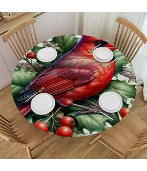 Ulloord  Round Fitted Tablecloth Christmas Holly Leaf Red Birds Table Cloth with Elastic Edged Waterproof Wipeable Round Table Cover for Patio Parties Outdoor Decor