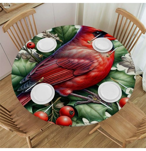 Ulloord  Round Fitted Tablecloth Christmas Holly Leaf Red Birds Table Cloth with Elastic Edged Waterproof Wipeable Round Table Cover for Patio Parties Outdoor Decor