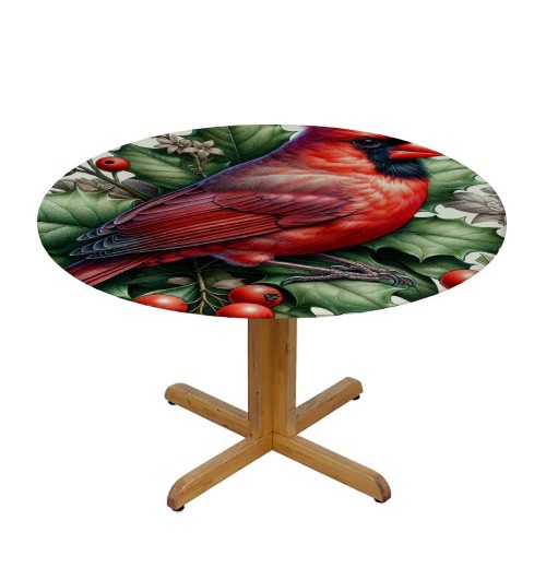 Ulloord  Round Fitted Tablecloth Christmas Holly Leaf Red Birds Table Cloth with Elastic Edged Waterproof Wipeable Round Table Cover for Patio Parties Outdoor Decor