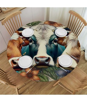 Ulloord  Round Fitted Tablecloth Cute Cows Animal Flower Print Table Cloth with Elastic Edged Waterproof Wipeable Round Table Cover for Patio Parties Outdoor Decor