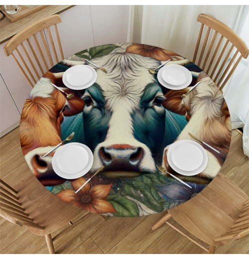 Ulloord  Round Fitted Tablecloth Cute Cows Animal Flower Print Table Cloth with Elastic Edged Waterproof Wipeable Round Table Cover for Patio Parties Outdoor Decor