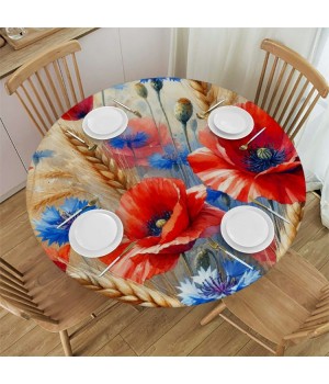 Ulloord  Round Fitted Tablecloth Watercolor Poppy Wheat Floral Watercolor Table Cloth with Elastic Edged Waterproof Wipeable Round Table Cover for Patio Parties Outdoor Decor 