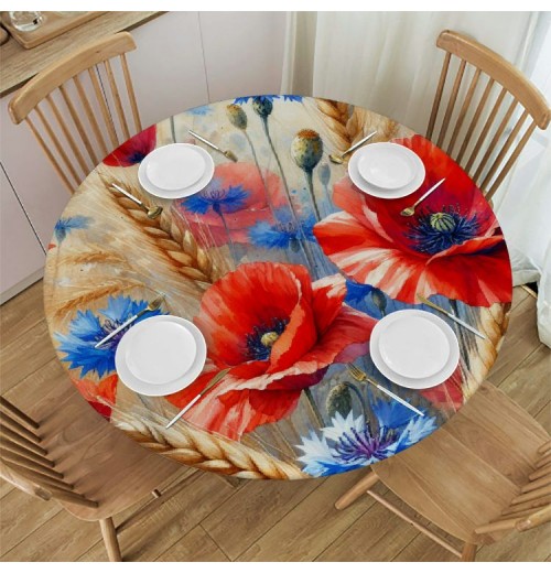 Ulloord  Round Fitted Tablecloth Watercolor Poppy Wheat Floral Watercolor Table Cloth with Elastic Edged Waterproof Wipeable Round Table Cover for Patio Parties Outdoor Decor 