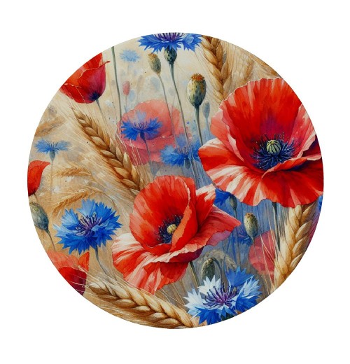 Ulloord  Round Fitted Tablecloth Watercolor Poppy Wheat Floral Watercolor Table Cloth with Elastic Edged Waterproof Wipeable Round Table Cover for Patio Parties Outdoor Decor 