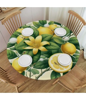 Ulloord  Round Fitted Tablecloth Cute Lemons Flower Leaves Table Cloth with Elastic Edged Waterproof Wipeable Round Table Cover for Patio Parties Outdoor Decor