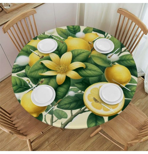 Ulloord  Round Fitted Tablecloth Cute Lemons Flower Leaves Table Cloth with Elastic Edged Waterproof Wipeable Round Table Cover for Patio Parties Outdoor Decor