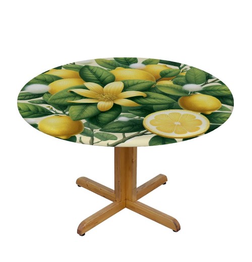 Ulloord  Round Fitted Tablecloth Cute Lemons Flower Leaves Table Cloth with Elastic Edged Waterproof Wipeable Round Table Cover for Patio Parties Outdoor Decor