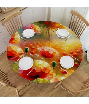 Ulloord  Round Fitted Tablecloth Oil Painting Field Poppy Floral Table Cloth with Elastic Edged Waterproof Wipeable Round Table Cover for Patio Parties Outdoor Decor