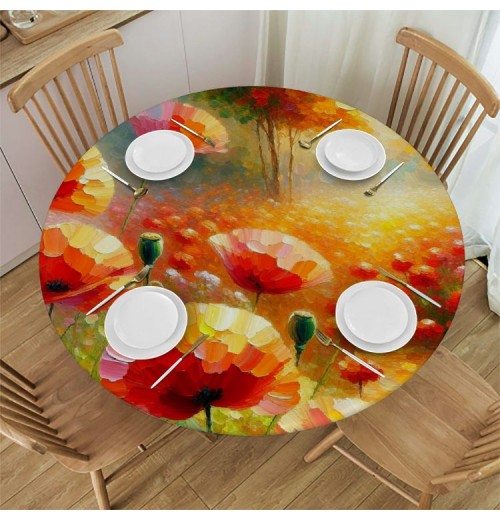 Ulloord  Round Fitted Tablecloth Oil Painting Field Poppy Floral Table Cloth with Elastic Edged Waterproof Wipeable Round Table Cover for Patio Parties Outdoor Decor