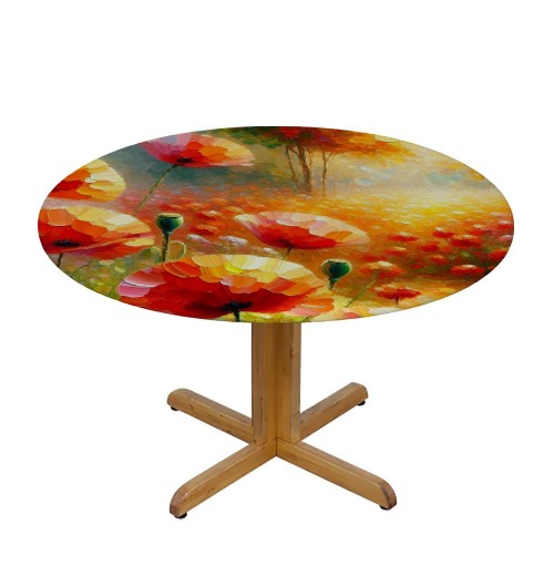 Ulloord  Round Fitted Tablecloth Oil Painting Field Poppy Floral Table Cloth with Elastic Edged Waterproof Wipeable Round Table Cover for Patio Parties Outdoor Decor