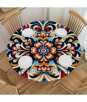 Ulloord  Round Fitted Tablecloth Bohemian Paisley Floral Flower Table Cloth with Elastic Edged Waterproof Wipeable Round Table Cover for Patio Parties Outdoor Decor