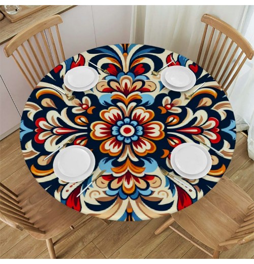 Ulloord  Round Fitted Tablecloth Bohemian Paisley Floral Flower Table Cloth with Elastic Edged Waterproof Wipeable Round Table Cover for Patio Parties Outdoor Decor