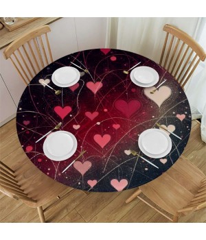 Ulloord  Round Tablecloth Fitted Table Cover with Elastic Edged Heart Valentines Waterproof Table Cloth for Party Kitchen Dining Indoor Outdoor Table