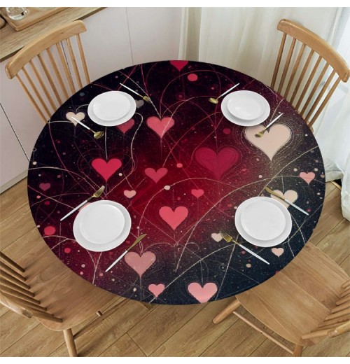 Ulloord  Round Tablecloth Fitted Table Cover with Elastic Edged Heart Valentines Waterproof Table Cloth for Party Kitchen Dining Indoor Outdoor Table