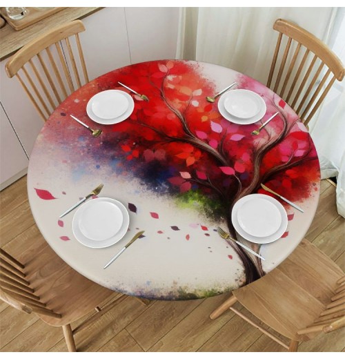 Ulloord  Round Tablecloth Fitted Table Cover with Elastic Edged Valentines Heart Tree Waterproof Table Cloth for Party Kitchen Dining Indoor Outdoor Table