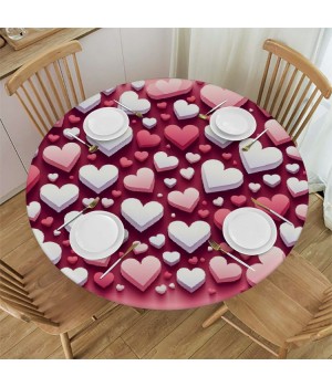 Ulloord  Round Tablecloth Fitted Table Cover with Elastic Edged Valentines Heart Pattern Waterproof Table Cloth for Party Kitchen Dining Indoor Outdoor Table