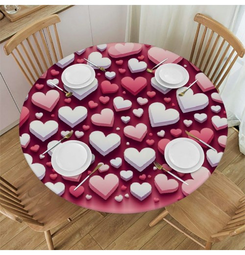 Ulloord  Round Tablecloth Fitted Table Cover with Elastic Edged Valentines Heart Pattern Waterproof Table Cloth for Party Kitchen Dining Indoor Outdoor Table