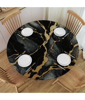 Ulloord  Round Tablecloth Fitted Table Cover with Elastic Edged Marble Black Golden Texture Waterproof Table Cloth for Party Kitchen Dining Indoor Outdoor Table