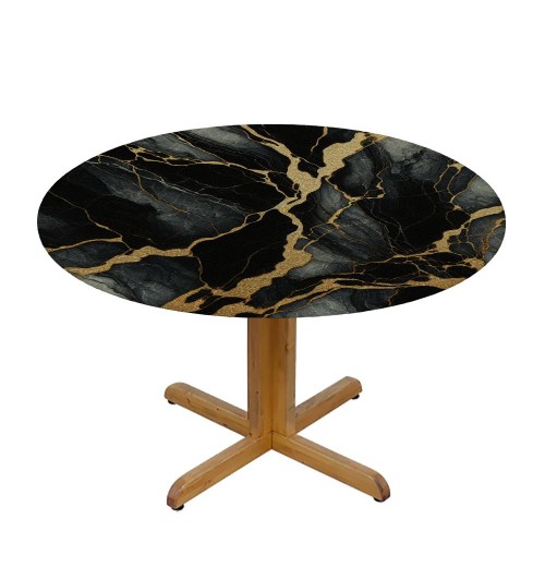 Ulloord  Round Tablecloth Fitted Table Cover with Elastic Edged Marble Black Golden Texture Waterproof Table Cloth for Party Kitchen Dining Indoor Outdoor Table