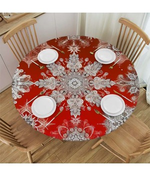 Ulloord  Round Tablecloth Fitted Table Cover with Elastic Edged Holiday Christmas Snowflakes Pattern Red Waterproof Table Cloth for Party Kitchen Dining Indoor Outdoor Table