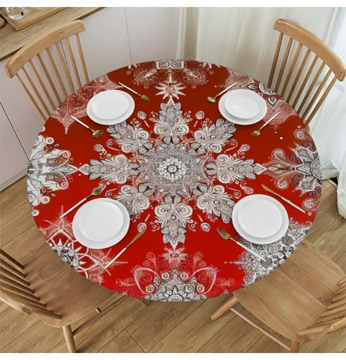 Ulloord  Round Tablecloth Fitted Table Cover with Elastic Edged Holiday Christmas Snowflakes Pattern Red Waterproof Table Cloth for Party Kitchen Dining Indoor Outdoor Table