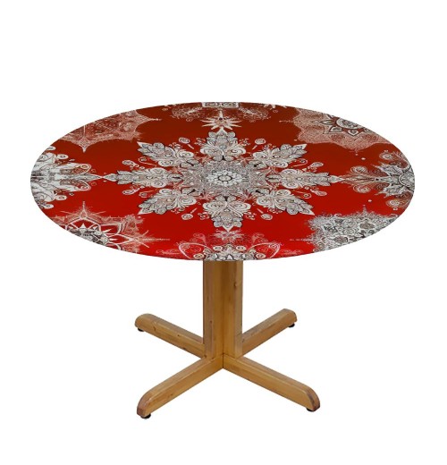 Ulloord  Round Tablecloth Fitted Table Cover with Elastic Edged Holiday Christmas Snowflakes Pattern Red Waterproof Table Cloth for Party Kitchen Dining Indoor Outdoor Table