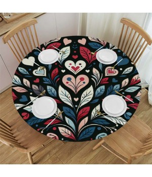 Ulloord  Round Tablecloth Fitted Table Cover with Elastic Edged Valentine's Colorful Heart Waterproof Table Cloth for Party Kitchen Dining Indoor Outdoor Table