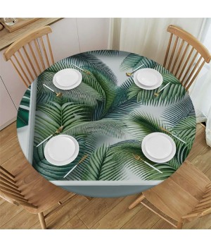 Ulloord Round Tablecloth Fitted Table Cover with Elastic Edged Tropical Jungle Palm Pattern Waterproof Table Cloth for Party Kitchen Dining Indoor Outdoor Table