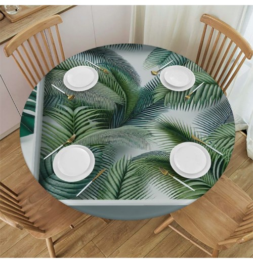 Ulloord Round Tablecloth Fitted Table Cover with Elastic Edged Tropical Jungle Palm Pattern Waterproof Table Cloth for Party Kitchen Dining Indoor Outdoor Table