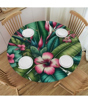 Ulloord Round Tablecloth Fitted Table Cover with Elastic Edged Tropical Palm Leaves Flowers Waterproof Table Cloth for Party Kitchen Dining Indoor Outdoor Table