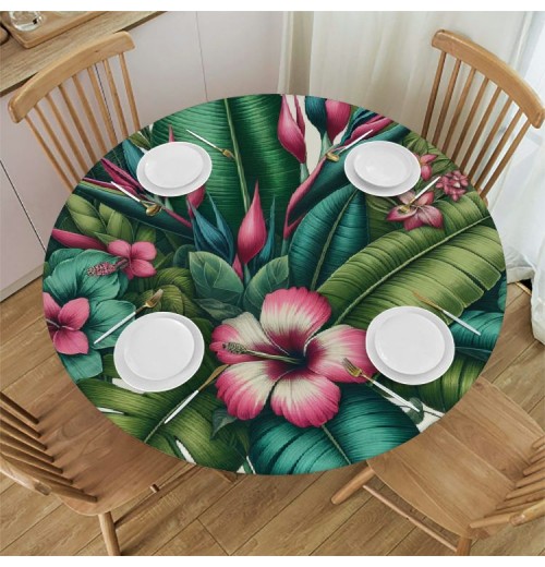 Ulloord Round Tablecloth Fitted Table Cover with Elastic Edged Tropical Palm Leaves Flowers Waterproof Table Cloth for Party Kitchen Dining Indoor Outdoor Table