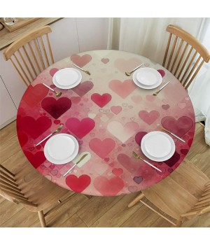 Ulloord  Round Tablecloth Fitted Table Cover with Elastic Edged Valentines Heart Theme Waterproof Table Cloth for Party Kitchen Dining Indoor Outdoor Table