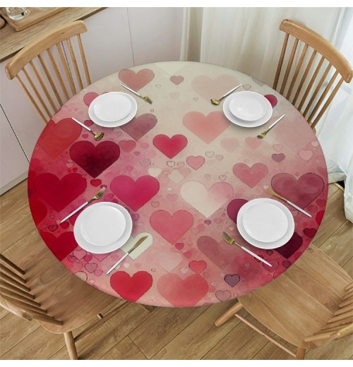 Ulloord  Round Tablecloth Fitted Table Cover with Elastic Edged Valentines Heart Theme Waterproof Table Cloth for Party Kitchen Dining Indoor Outdoor Table