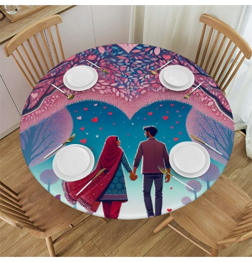 Ulloord  Round Tablecloth Fitted Table Cover with Elastic Edged Valentine's Day Heart Tree Waterproof Table Cloth for Party Kitchen Dining Indoor Outdoor Table