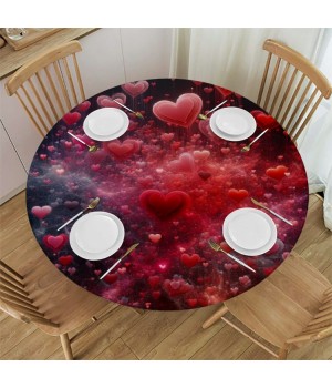 Ulloord  Round Tablecloth Fitted Table Cover with Elastic Edged Heart Shape Print Valentines Waterproof Table Cloth for Party Kitchen Dining Indoor Outdoor Table