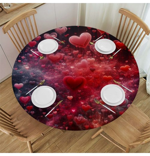 Ulloord  Round Tablecloth Fitted Table Cover with Elastic Edged Heart Shape Print Valentines Waterproof Table Cloth for Party Kitchen Dining Indoor Outdoor Table