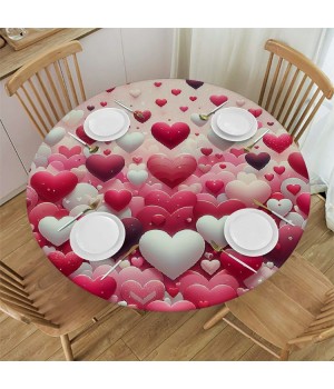 Ulloord  Round Tablecloth Fitted Table Cover with Elastic Edged Cute Heart Theme Waterproof Table Cloth for Party Kitchen Dining Indoor Outdoor Table