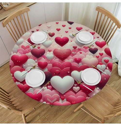 Ulloord  Round Tablecloth Fitted Table Cover with Elastic Edged Cute Heart Theme Waterproof Table Cloth for Party Kitchen Dining Indoor Outdoor Table