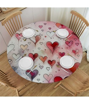 Ulloord  Round Tablecloth Fitted Table Cover with Elastic Edged Heart Shape Pattern Waterproof Table Cloth for Party Kitchen Dining Indoor Outdoor Table
