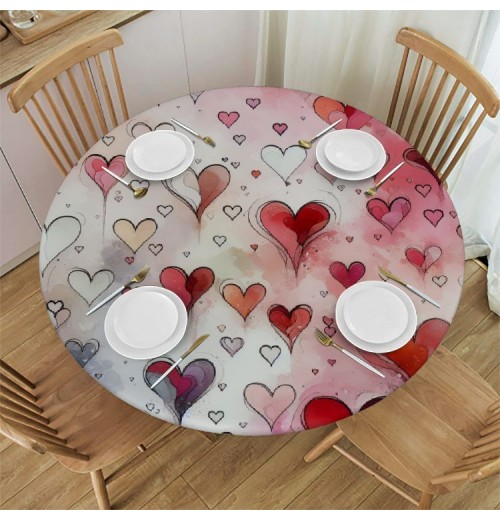 Ulloord  Round Tablecloth Fitted Table Cover with Elastic Edged Heart Shape Pattern Waterproof Table Cloth for Party Kitchen Dining Indoor Outdoor Table