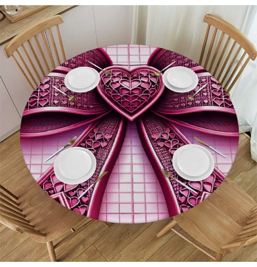 Ulloord  Round Tablecloth Fitted Table Cover with Elastic Edged Valentines Heart Plaid Waterproof Table Cloth for Party Kitchen Dining Indoor Outdoor Table