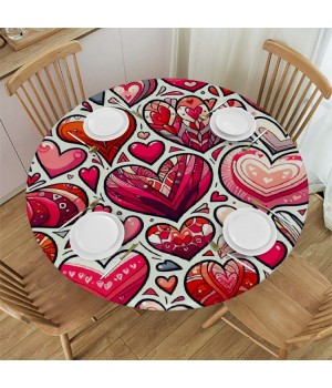 Ulloord  Round Tablecloth Fitted Table Cover with Elastic Edged Valentine's Day Heart Pattern Waterproof Table Cloth for Party Kitchen Dining Indoor Outdoor Table